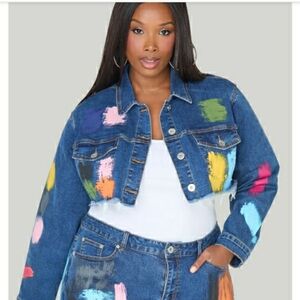 Colorful Painted Crop Denim Jacket Size 14/16. So Cute!